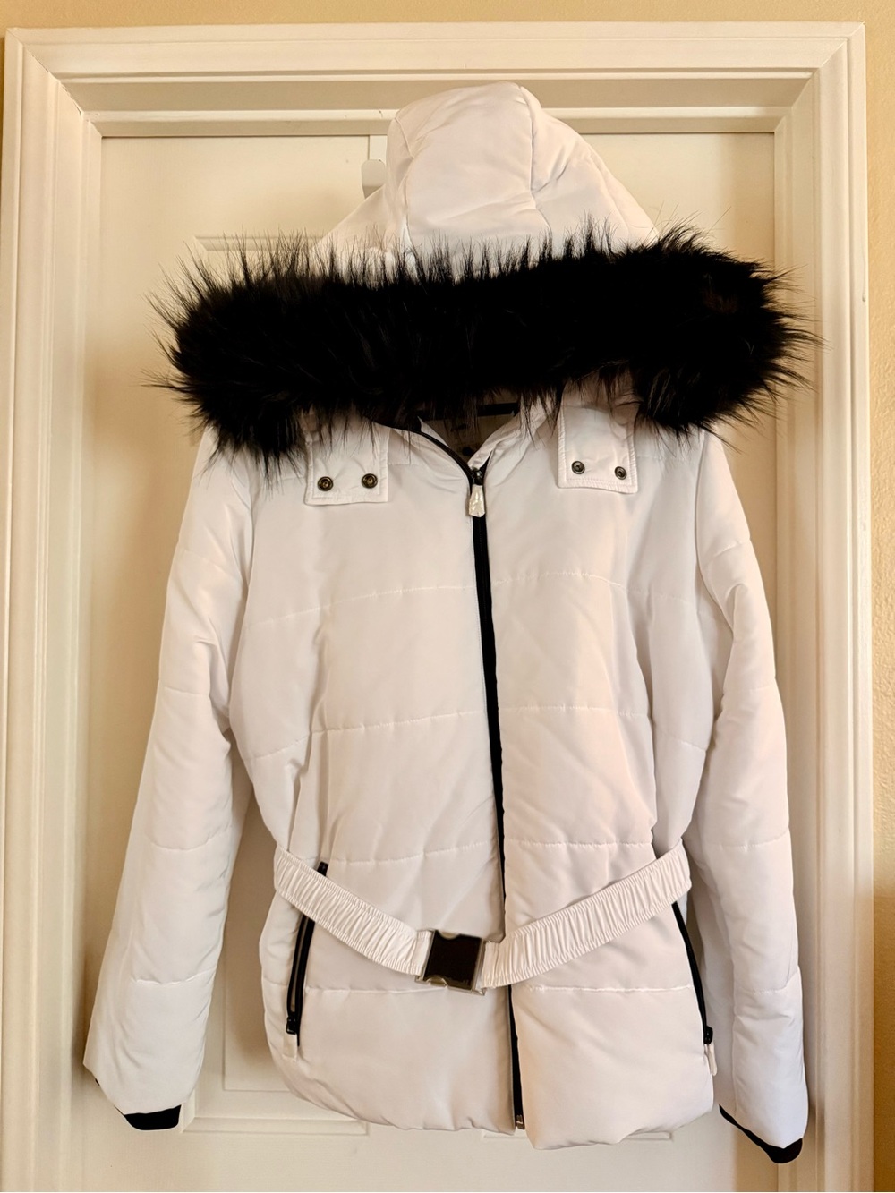White Puffer Jacket with Black Faux Fur Trim (NWT)